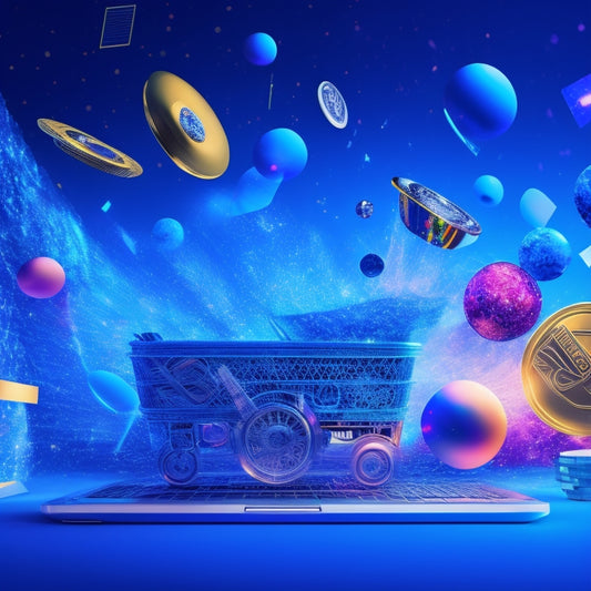 A vibrant, abstract illustration featuring a mix of digital icons, such as laptops, smartphones, and shopping carts, amidst swirling patterns of coins, stars, and confetti, set against a bright, gradient blue background.