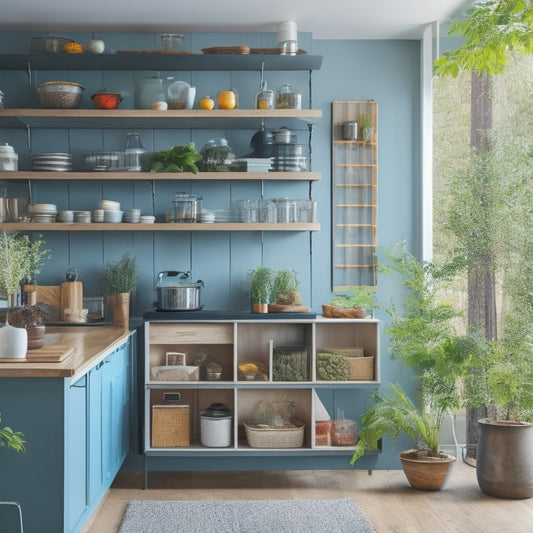 A modern kitchen with sleek, adjustable shelf inserts displaying a variety of colorful spices, cookbooks, and decorative plants, showcasing an organized and maximized vertical space in a bright, airy environment.