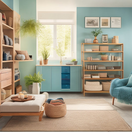 A bright, modern living room with a sleek, wall-mounted shelf system, featuring labeled bins and baskets in a soothing color palette, surrounded by clutter-free floors and surfaces.