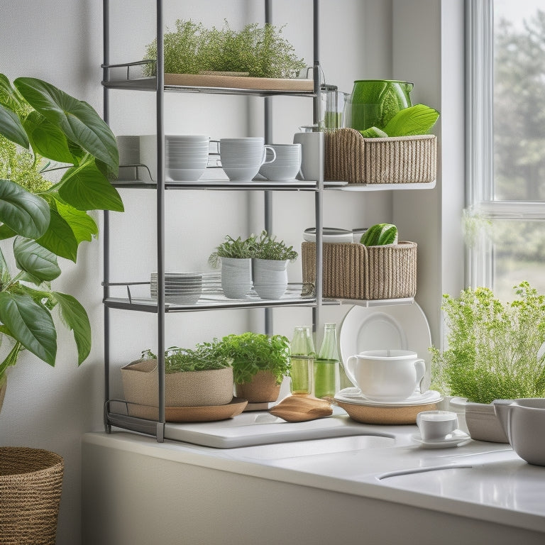 A sleek, modern tiered dish rack organizer in a cozy kitchen nook, showcasing stacked plates, mugs, and utensils. Soft natural light filters through a nearby window, highlighting the organized, compact design amidst vibrant houseplants.