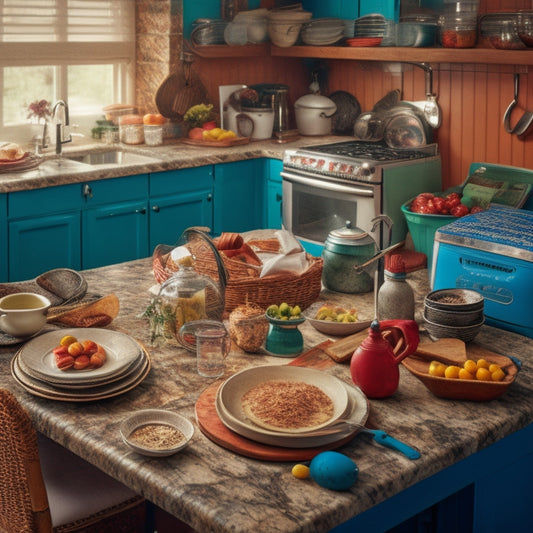 A messy kitchen countertop with a cluttered island in the center, surrounded by scattered utensils, open cookbooks, and appliances, with dirty dishes piled in the sink and a toaster cord tangled around a chair leg.