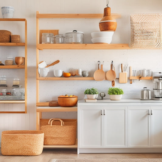A bright, white kitchen with sleek, modern cabinets, featuring a pegboard with hanging utensils, a wooden spice rack, and a tiered cart with woven baskets, set against a warm, natural wood backdrop.