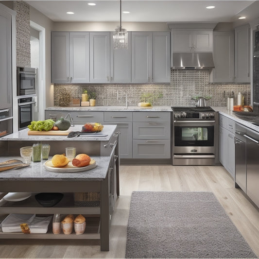A modern kitchen with sleek countertops, stainless steel appliances, and a large island, featuring a tablet or laptop open to a kitchen inventory management system, surrounded by organized storage bins and a few scattered kitchen utensils.