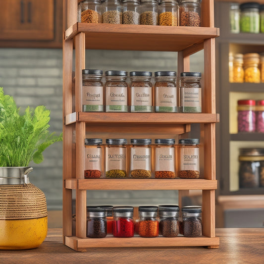 A beautifully organized wooden rotating spice rack, featuring clear glass jars filled with vibrant spices, each labeled with elegant handwritten tags, set against a warm kitchen backdrop with herbs and cooking utensils.