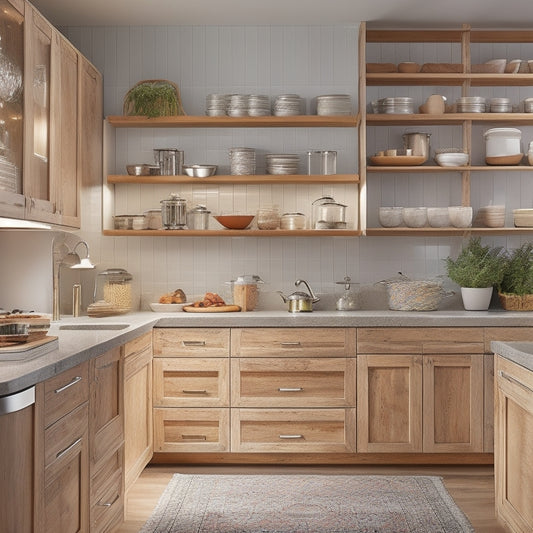 A modern kitchen featuring wooden cabinets with gleaming roll-out trays, neatly organized with spices and cookware, under warm lighting, highlighting the ease of access and functionality in a clean, inviting space.