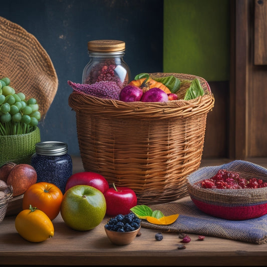 A colorful, eclectic still life featuring a woven basket overflowing with fresh produce, a few whole grains, and a small jar of homemade jam, set against a distressed wooden backdrop.