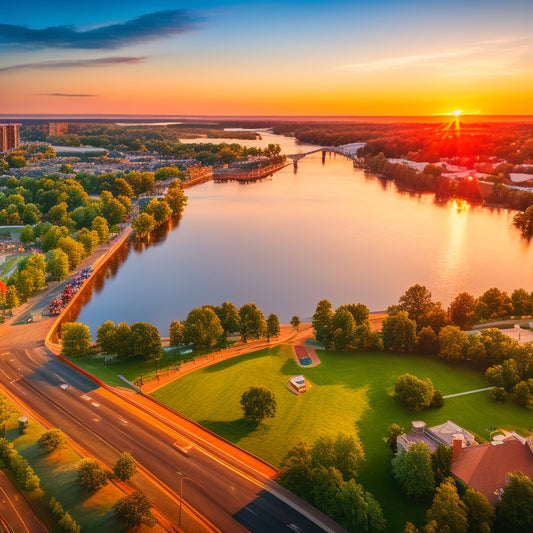 A serene aerial view of Fridley's cityscape at sunset, featuring the Mississippi River, verdant parks, and bustling commercial districts, with a subtle American flag waving in the foreground.