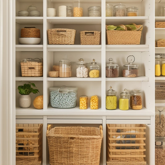 A bright, organized kitchen pantry with adjustable shelves, wicker baskets, and clear glass jars, filled with neatly arranged food items and cooking utensils, against a soft, creamy background.