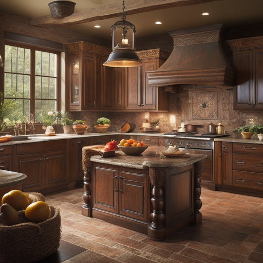 A warm, inviting kitchen with rich, dark wood cabinetry, ornate hardware, and subtle lighting, featuring a large, stone-topped island, and a few, strategically placed, rustic cooking utensils.