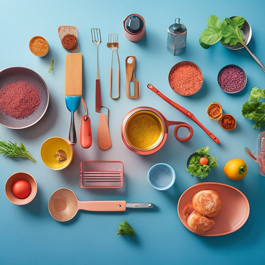 A stylized, overhead shot of a modern kitchen countertop, featuring a curated arrangement of trendy utensils, including a copper frying pan, a silicone spatula, and a set of stackable, colorful measuring cups.