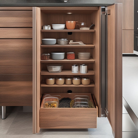 A sleek corner kitchen cabinet filled with tiered pull-out organizers, showcasing spices, pots, and utensils. Soft natural light highlights the wood grain and modern design, creating a functional yet stylish culinary space.