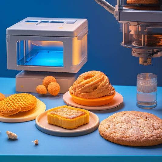 A 3D printed cookie or pastry on a plate, next to a 3D printer with a transparent enclosure, surrounded by safety goggles, gloves, and a cleanroom-style backdrop with a subtle grid pattern.