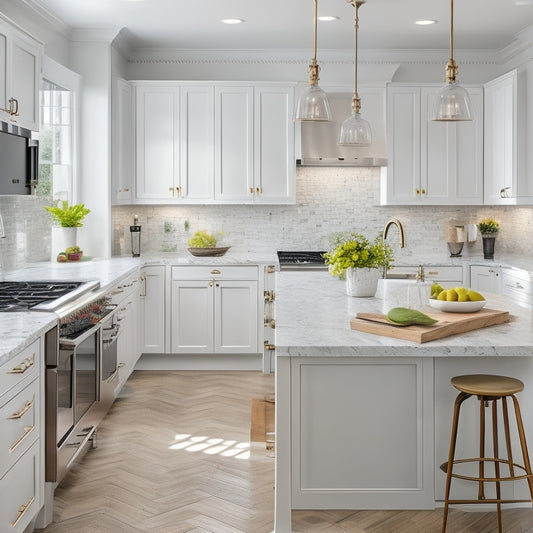 A bright, modern kitchen with sleek, white cabinets featuring ornate hardware, a large island with a built-in sink, and a stunning quartz countertop surrounding a stainless steel range.