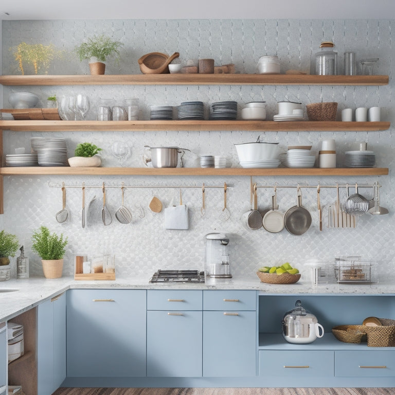 A bright, modern kitchen with sleek countertops, featuring a mix of open shelving, cabinet organizers, and a pegboard with hanging utensils, baskets, and a wall-mounted pot rack.