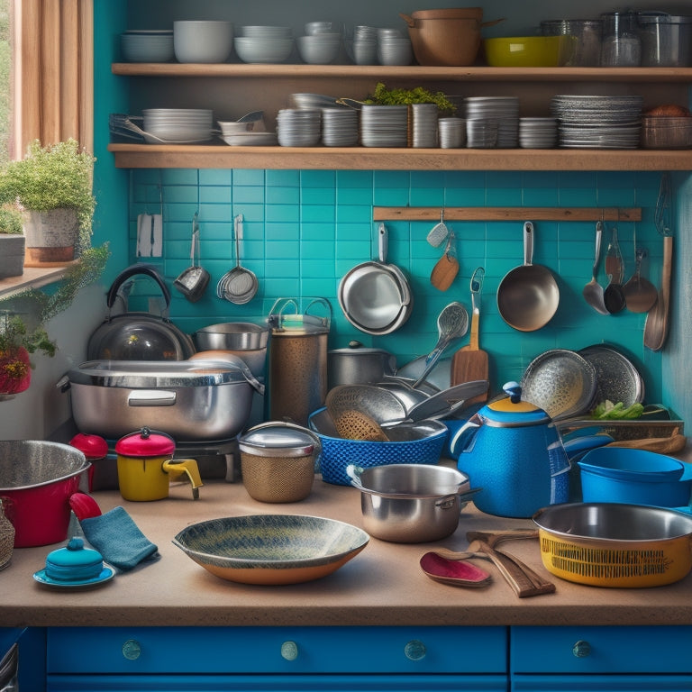 A cluttered kitchen with pots and pans overflowing from countertops, utensils tangled in a drawer, and a few dirty dishes piled in the sink, contrasted with a tidy, organized kitchen in the background.