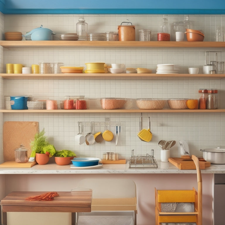 A clutter-free, miniature kitchen with a wall-mounted pegboard holding utensils, a fold-down table, and a pull-out spice rack, showcasing clever storage solutions in a cramped space.