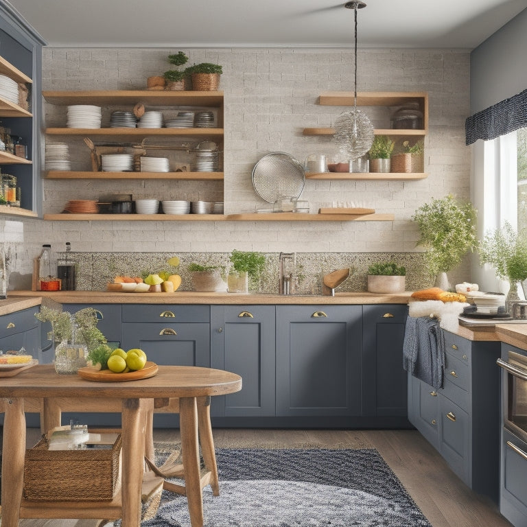 A bright, modern kitchen with sleek countertops, warm wood tones, and a corner area featuring a rotating carousel, a pull-out shelf, and a set of stacked baskets, all bursting with cookbooks and utensils.