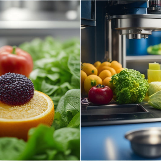 A split-screen image featuring a clean, organized commercial kitchen on one side and a microscope zoomed in on a bacteria culture on the other, with a blurred background of fresh fruits and vegetables.