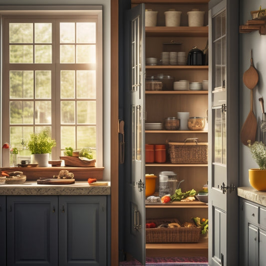 A well-organized kitchen door featuring an over-the-door organizer with various utensils, spices, and cooking tools neatly arranged, surrounded by colorful kitchen décor, and natural light streaming through a window.