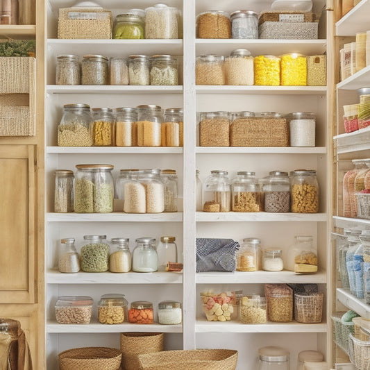 A warmly lit, organized pantry with various-sized glass jars, baskets, and containers, each adorned with unique, handmade labels featuring watercolor florals, hand-drawn icons, and colorful washi tape accents.