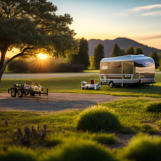 A serene sunset background with a Sundowner Trailers' TrailBlazer Toy Box Series trailer centered, its sleek, silver body and bold, black accents gleaming, surrounded by lush greenery and a few scattered outdoor toys.