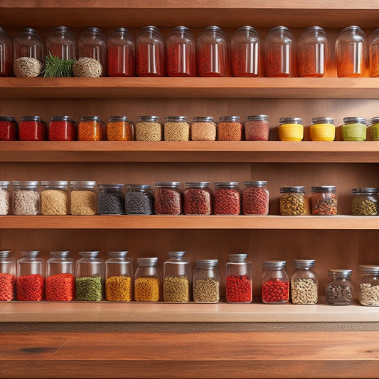 A beautifully organized kitchen featuring sleek roll-out trays filled with an array of colorful spice jars, neatly labeled, set against a warm wood backdrop, with fresh herbs nearby and soft lighting illuminating the space.