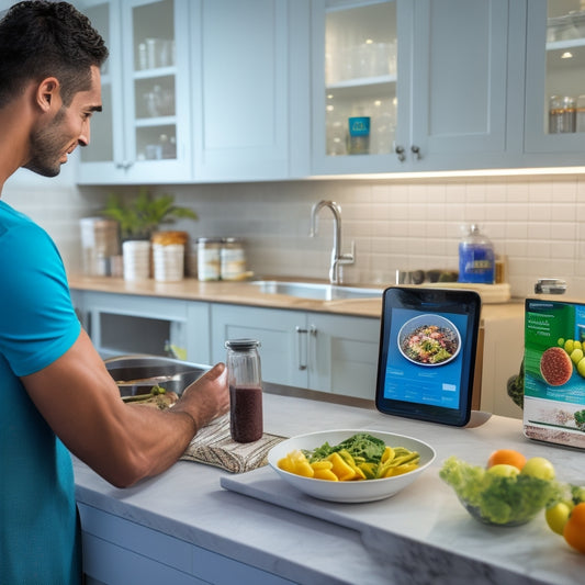 A modern kitchen with a tidy pantry in the background, a tablet displaying a digital pantry challenge checklist on the counter, and a person in the foreground enthusiastically holding a healthy grocery item.