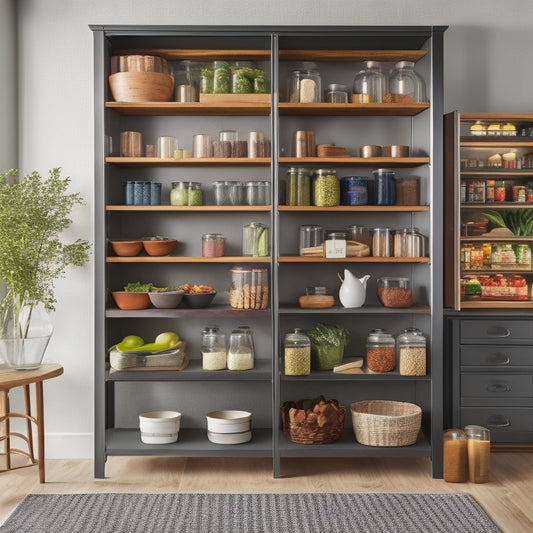 A sleek, modern freestanding pantry unit with a rich wood finish, featuring open shelving, colorful jars, and fresh herbs, accompanied by a stylish countertop adorned with a cutting board and vibrant vegetables.