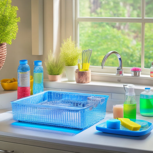 A vibrant kitchen scene featuring a sleek, multi-compartment portable sink caddy filled with colorful dish soaps, sponges, and utensils, positioned beside a sparkling clean sink, with natural light streaming through a nearby window.