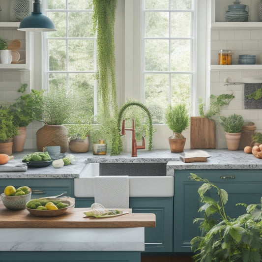 A bright, organized kitchen with gleaming countertops, a spotless sink, and a few strategically placed cleaning tools, surrounded by lush greenery and a few fresh ingredients.