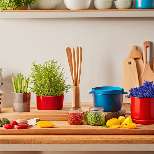 A bright kitchen countertop featuring neatly organized jars of spices, wooden utensils in a stylish holder, a sleek knife block, and colorful bowls, all surrounded by fresh herbs and a cutting board.