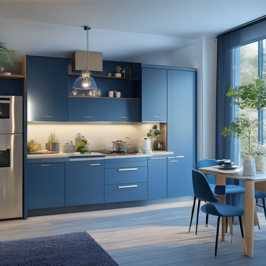 A sleek, modern compact modular kitchen showcasing smart storage solutions, integrated appliances, a cozy breakfast nook, and vibrant accents, all within a stylish, space-efficient design, illuminated by soft, warm lighting.