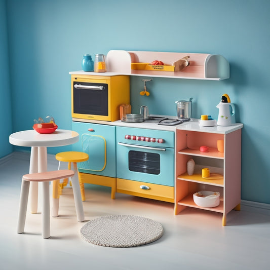 A bright, modern kitchen playset for kids, featuring sleek appliances, colorful utensils, and a miniature table with two tiny stools, all set against a soft, creamy background.