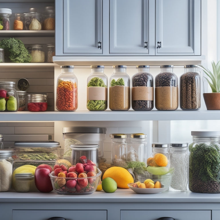 A organized kitchen countertop with airtight containers, labeled jars, and a thermometer, surrounded by fresh fruits and vegetables, with a subtle hint of a fridge and pantry in the background.