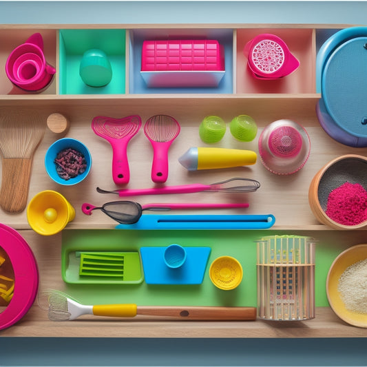 A colorful assortment of odd-shaped kitchen tools neatly arranged in a wooden drawer organizer, showcasing a whisk, a spiralizer, and measuring cups, with dividers creating a harmonious, functional layout.