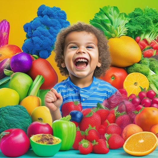 A colorful illustration of a happy, energetic kid surrounded by a variety of vibrant, kid-friendly fruits and vegetables, with a few fun, easy-to-prepare meal ideas in the background.