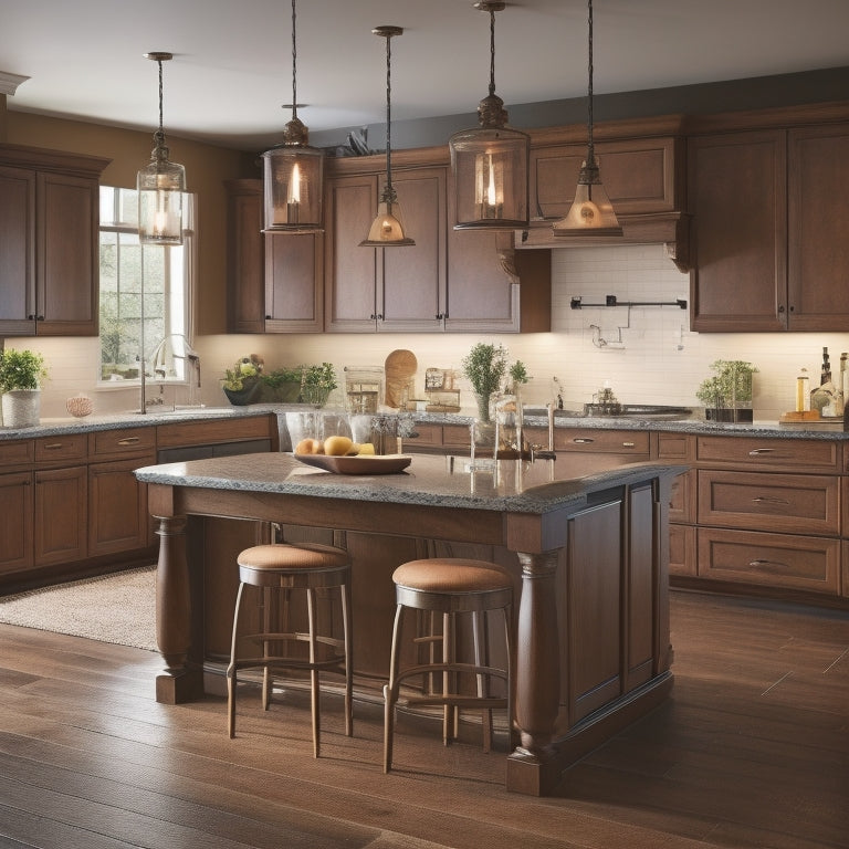 A warm, well-lit kitchen with light wood cabinets, contrasting dark countertops, and a large, rounded-edge island with a built-in sink, surrounded by comfortable, cushioned stools.