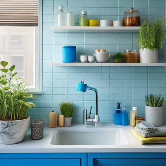 A stylish, compact sink organizer featuring tiered shelves with colorful dish soap bottles, sponges, and a small potted plant, complemented by a sleek faucet and minimalistic countertop in a modern small apartment kitchen.