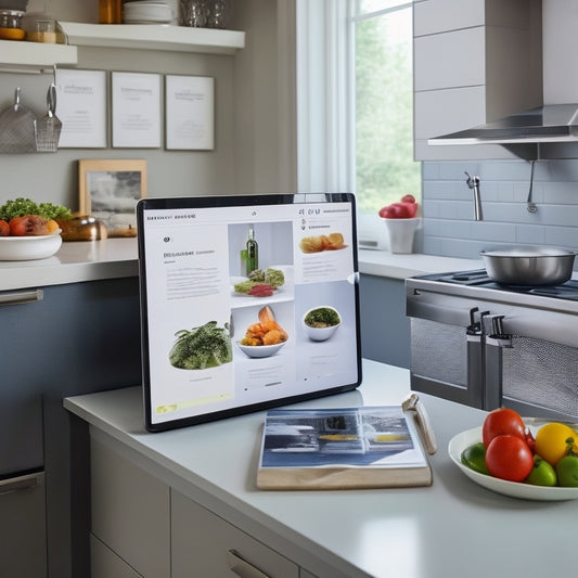 A modern kitchen with sleek countertops, a tablet on a stand displaying a recipe, and a digital tablet attached to a fridge, surrounded by organized utensils and ingredients, with a few open cabinets revealing neatly stored cookbooks and kitchen gadgets.