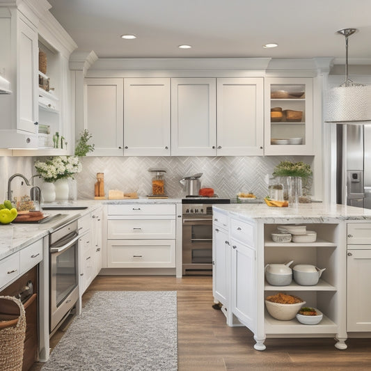A clutter-free U-shaped kitchen with sleek white cabinets, stainless steel appliances, and a central island, showcasing optimal storage solutions, including pull-out pantry, spice rack, and utensil organizers.