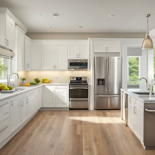 A bright, modern kitchen with creamy white cabinets, sleek grey countertops, and stainless steel appliances, surrounded by a warm, natural wood floor and plenty of natural light.
