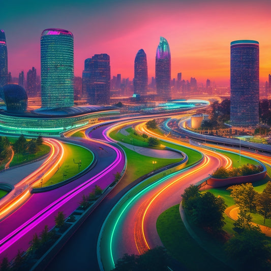 A futuristic cityscape at dusk with sleek, curved skyscrapers, verdant green roofs, and winding pedestrian walkways, surrounded by self-driving cars and hyperloops, amidst a backdrop of vibrant, glowing LED lights.