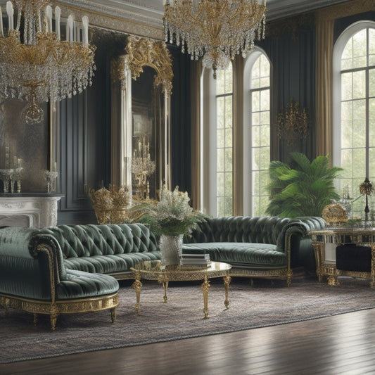 A lavish living room with a grand chandelier, velvet sofas, and a marble fireplace, surrounded by floor-to-ceiling windows and adorned with opulent gold accents and lush greenery.