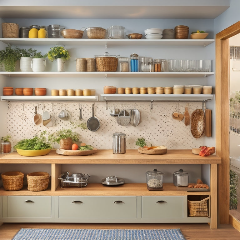 A clutter-free small kitchen with a wall-mounted pegboard holding utensils, a pull-out pantry with stacked baskets, and a compact island with a built-in spice rack and chrome handle.