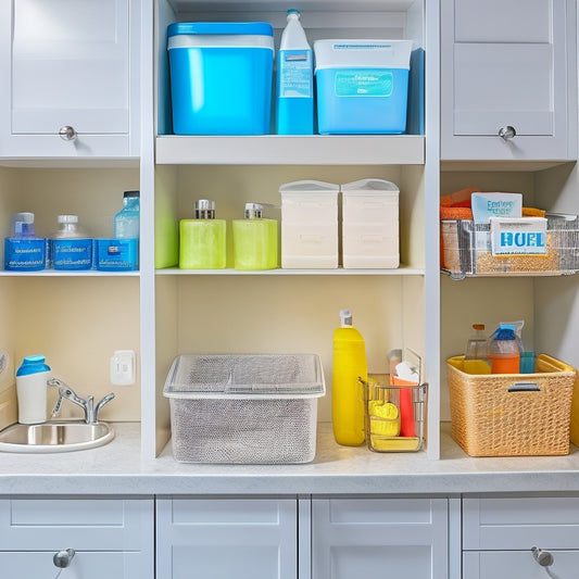 A neatly organized under-sink cabinet featuring clear storage bins, labeled containers, a pull-out drawer for sponges, and hanging hooks for cleaning supplies, all illuminated by soft, warm lighting to enhance the tidy arrangement.