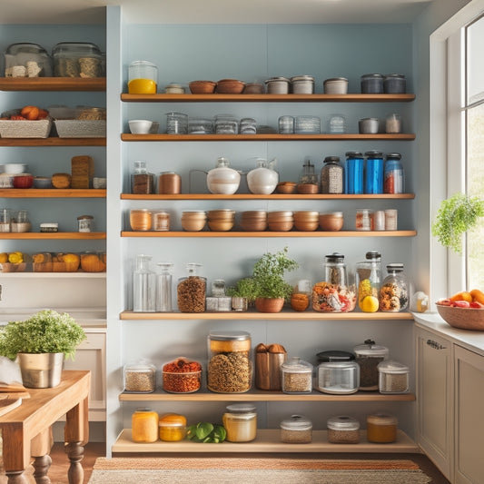 A bright, organized kitchen with labeled jars on open shelves, tiered spice racks, pull-out drawer organizers, and neatly stacked pots, all against a backdrop of a clean, modern design with natural light streaming in.