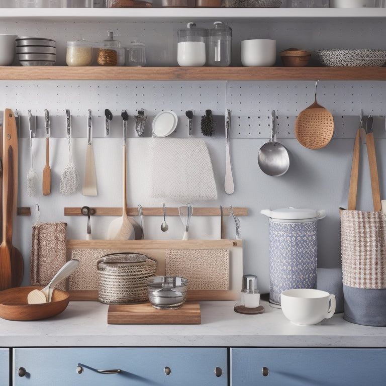 A tidy kitchen countertop with a wooden utensil organizer, a ceramic jar filled with spoons, a wall-mounted pegboard with hooks, and a drawer divider with categorized compartments.