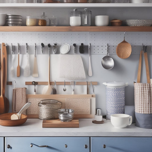 A tidy kitchen countertop with a wooden utensil organizer, a ceramic jar filled with spoons, a wall-mounted pegboard with hooks, and a drawer divider with categorized compartments.