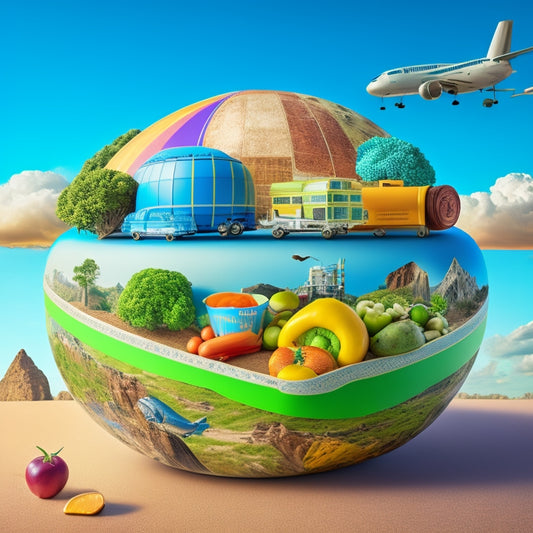 A colorful illustration of a globe with various food storage containers superimposed, showcasing diverse shapes, sizes, and materials, surrounded by subtle hints of farms, factories, and transportation vehicles.