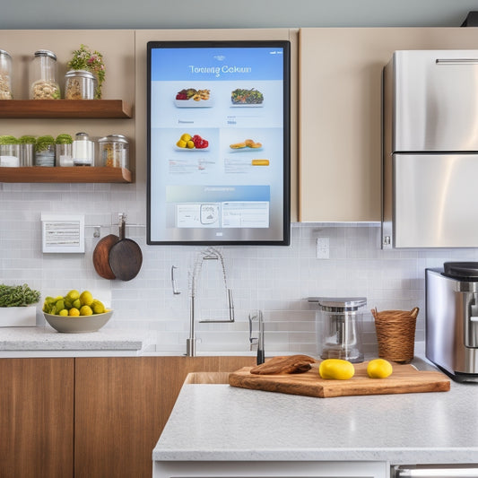 A modern kitchen with sleek countertops, a stainless steel refrigerator, and a wooden island, featuring a utensil organizer, a pegboard, and a tablet mounted on the wall displaying a digital recipe.